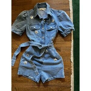 Denim Jean Romper Shorts Jumpsuit tie waist and sequin stars sz S Blue Velvet